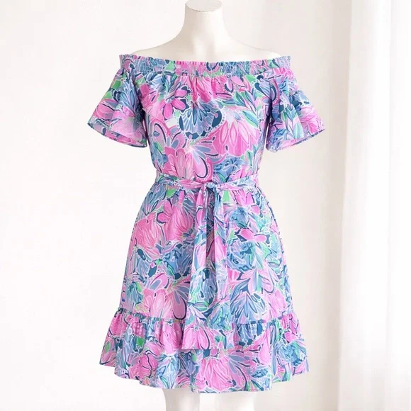 Lilly Pulitzer Off Shoulder Floral Ruffle Mini Dress Pink Blue Belted Size S - Picture 1 of 8